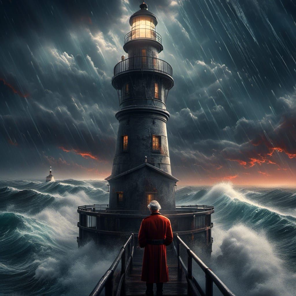 ( An old gray haired lighthouse keeper with binoculars) standing in the a lighthouse  looking for ship in the sea  durin...