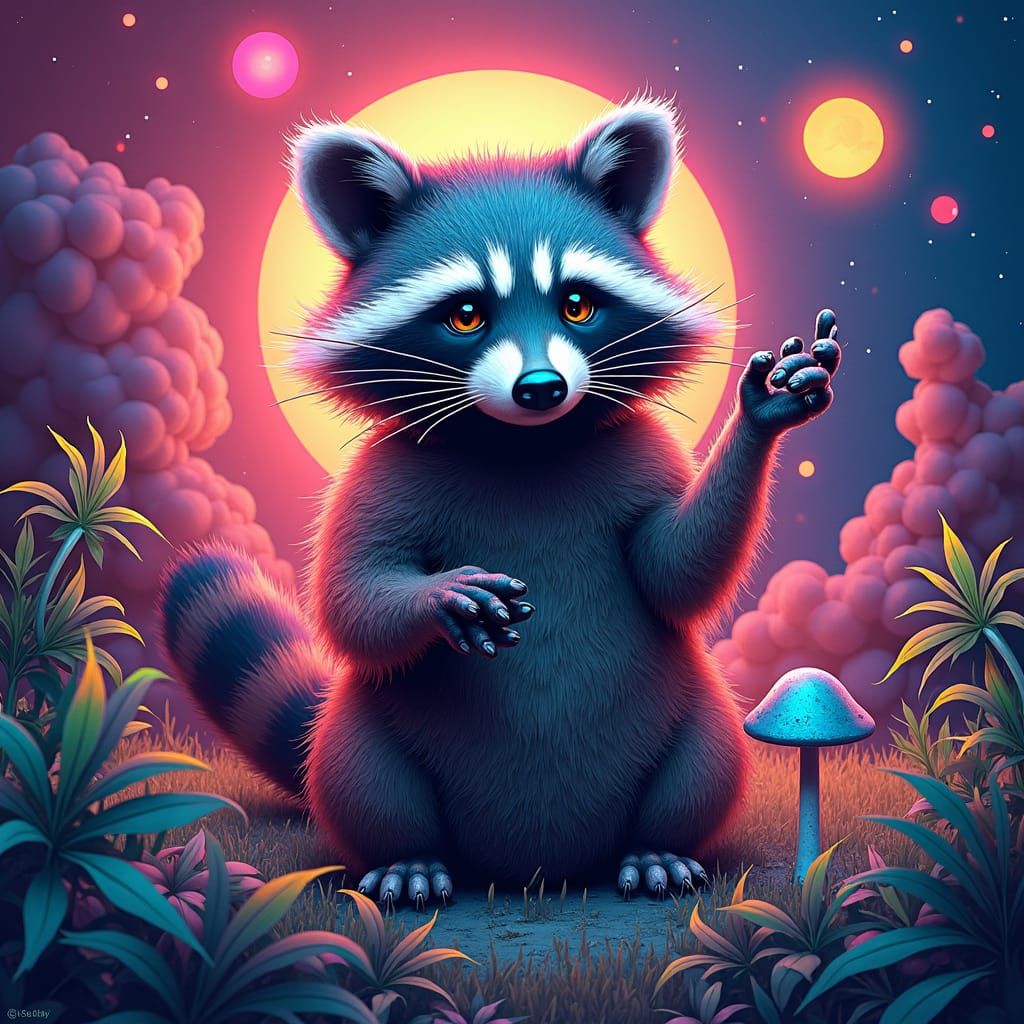 Psychedelic Raccoon in Space with Mushrooms, Graffiti Art