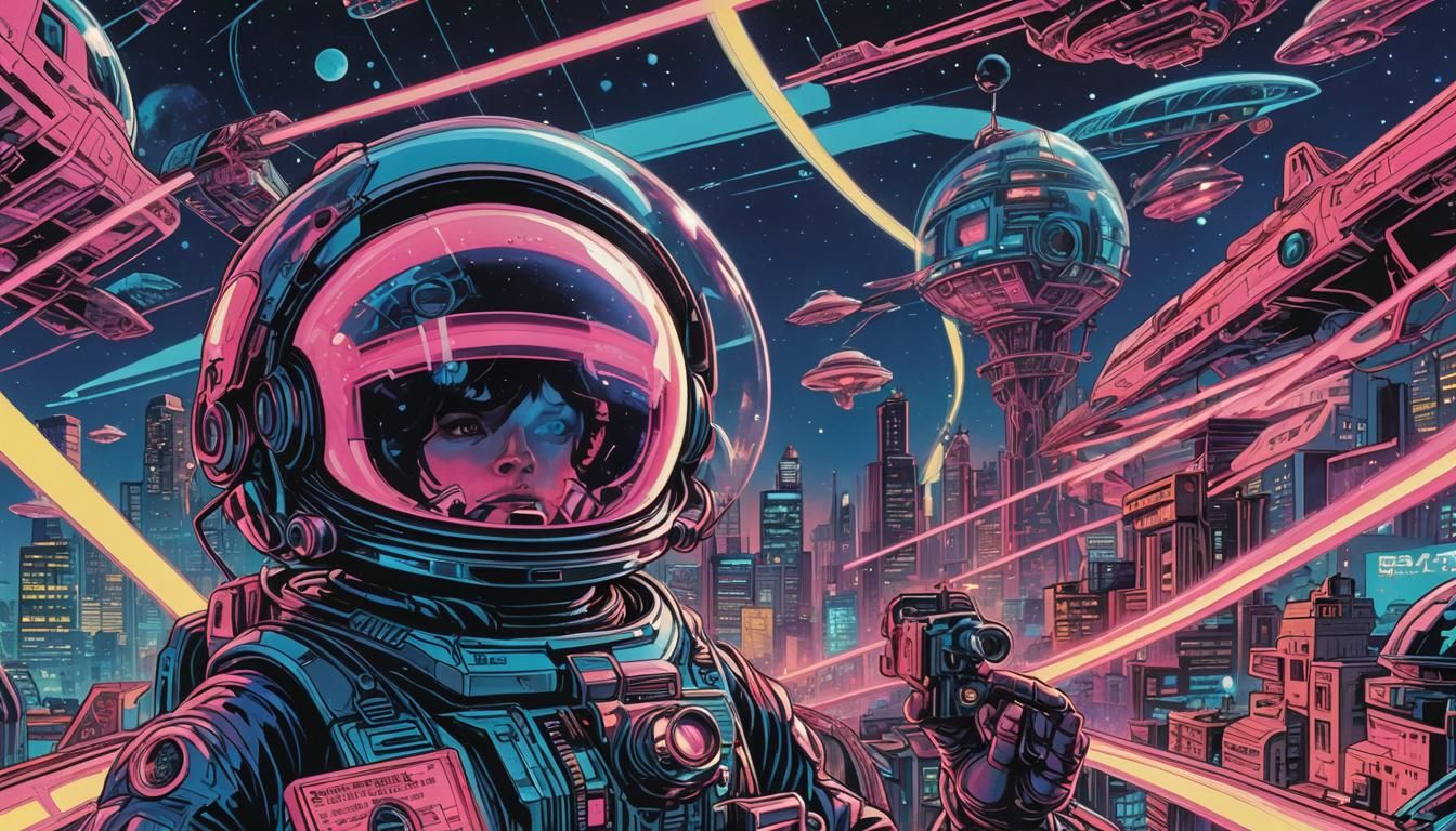 Retro-Futuristic Comic Book Art with Neon Colors