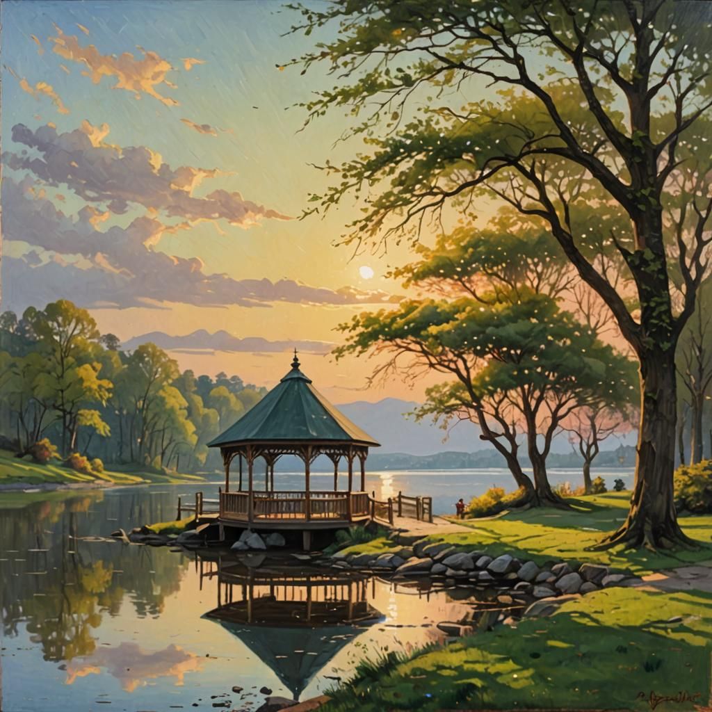 A wooden gazebo near the lake