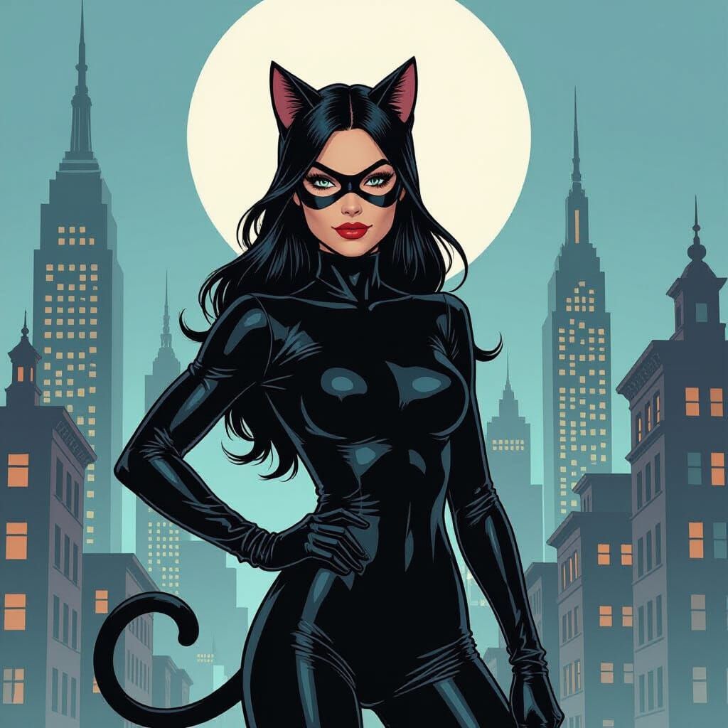 Catwoman in Sleek Catsuit: Pop Art Cityscape