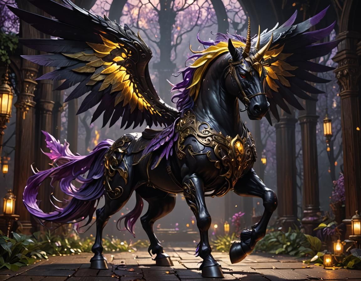 Winged Leather Unicorn in Dark Fantasy Style