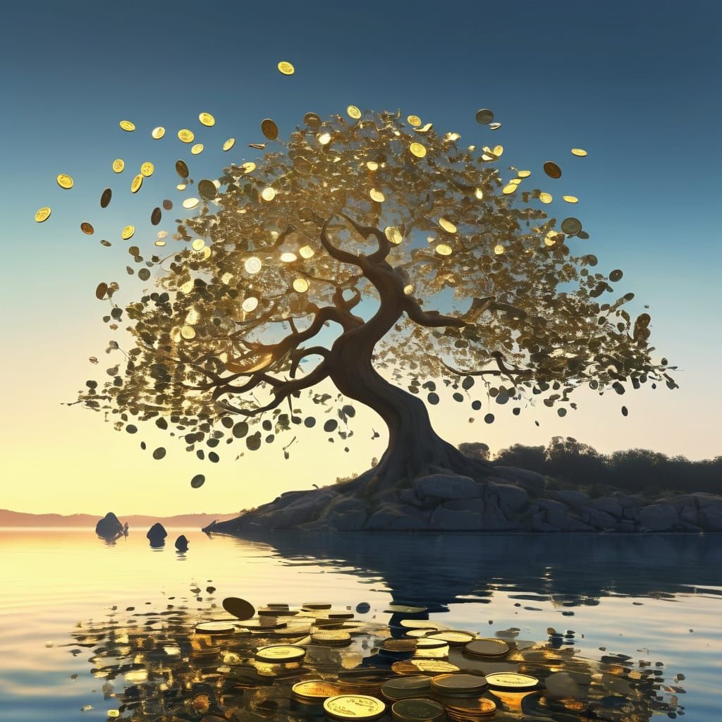 Whimsical Fantasy Tree Illuminated by Misty Lake