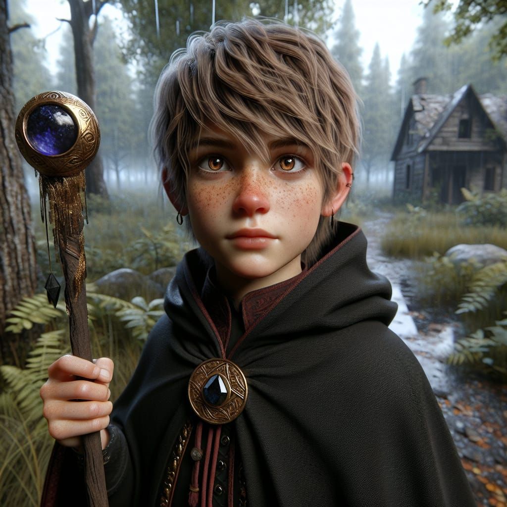 Young Wizard Conjuring Fire in Fantasy Forest