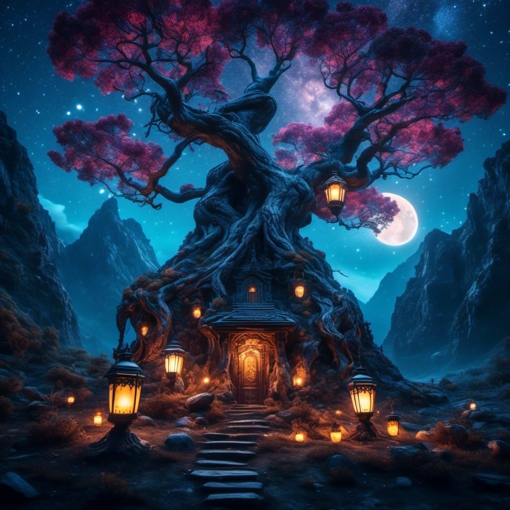 Mystical Court Amidst Ancient Trees in Fantasy Art