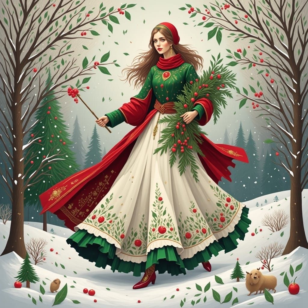 Frosted Winter Woman Strolls Through Snowy Landscape with Ho...