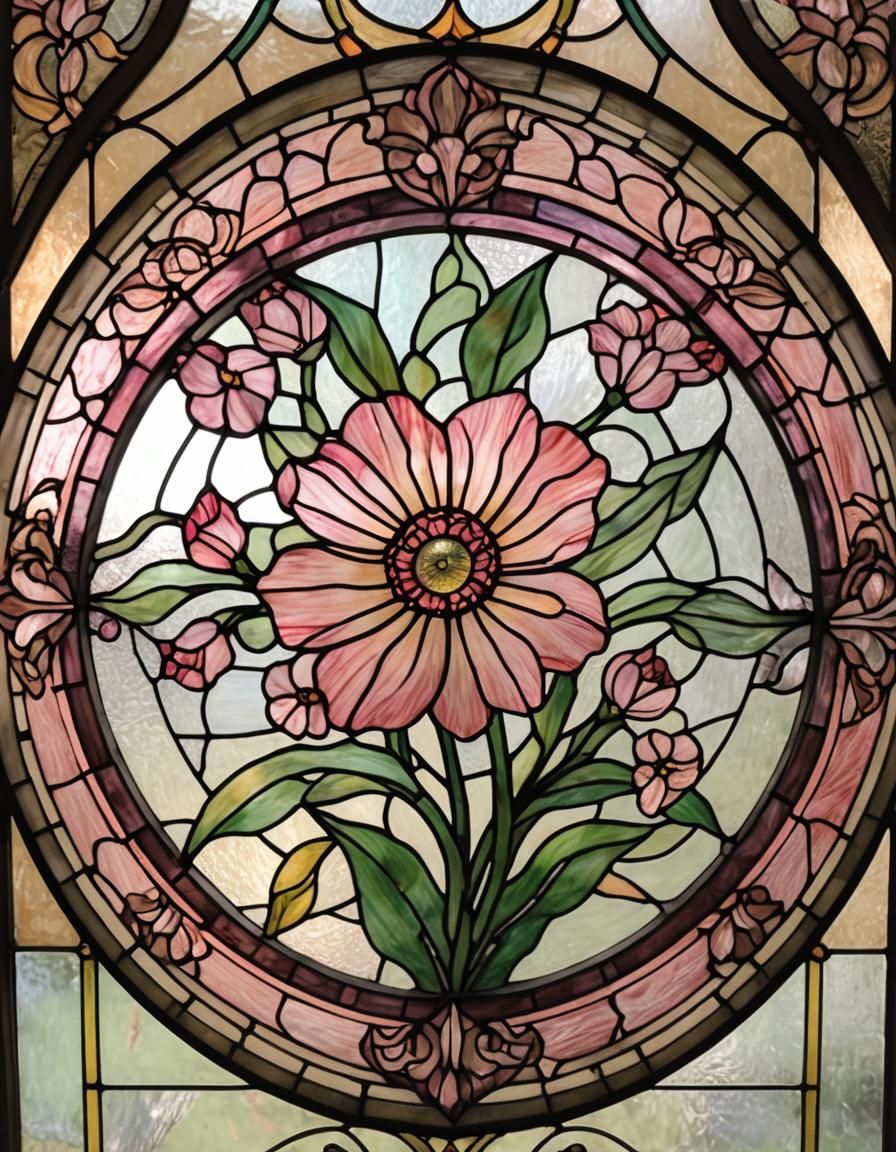Pink Flower in Stained Glass Art Nouveau Frame