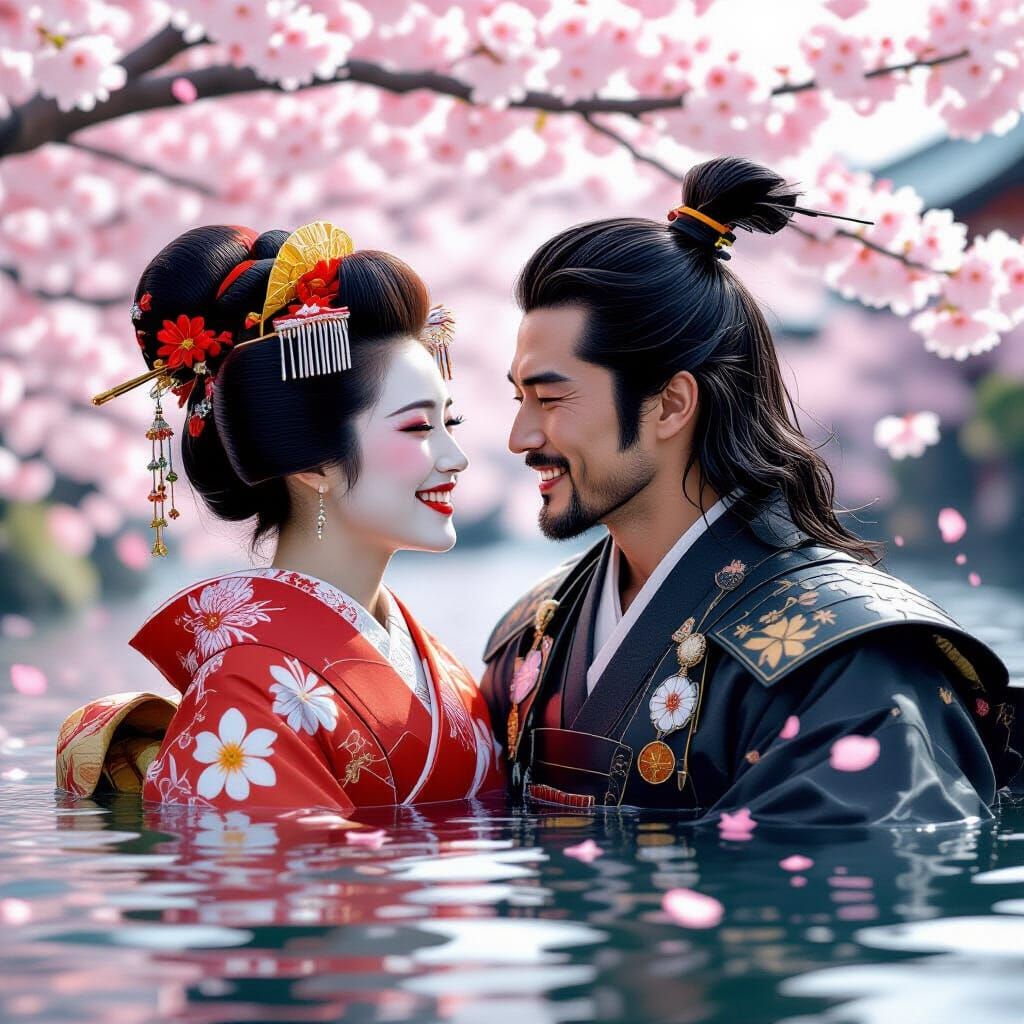 Geisha and Samurai Kissing Under Cherry Blossoms