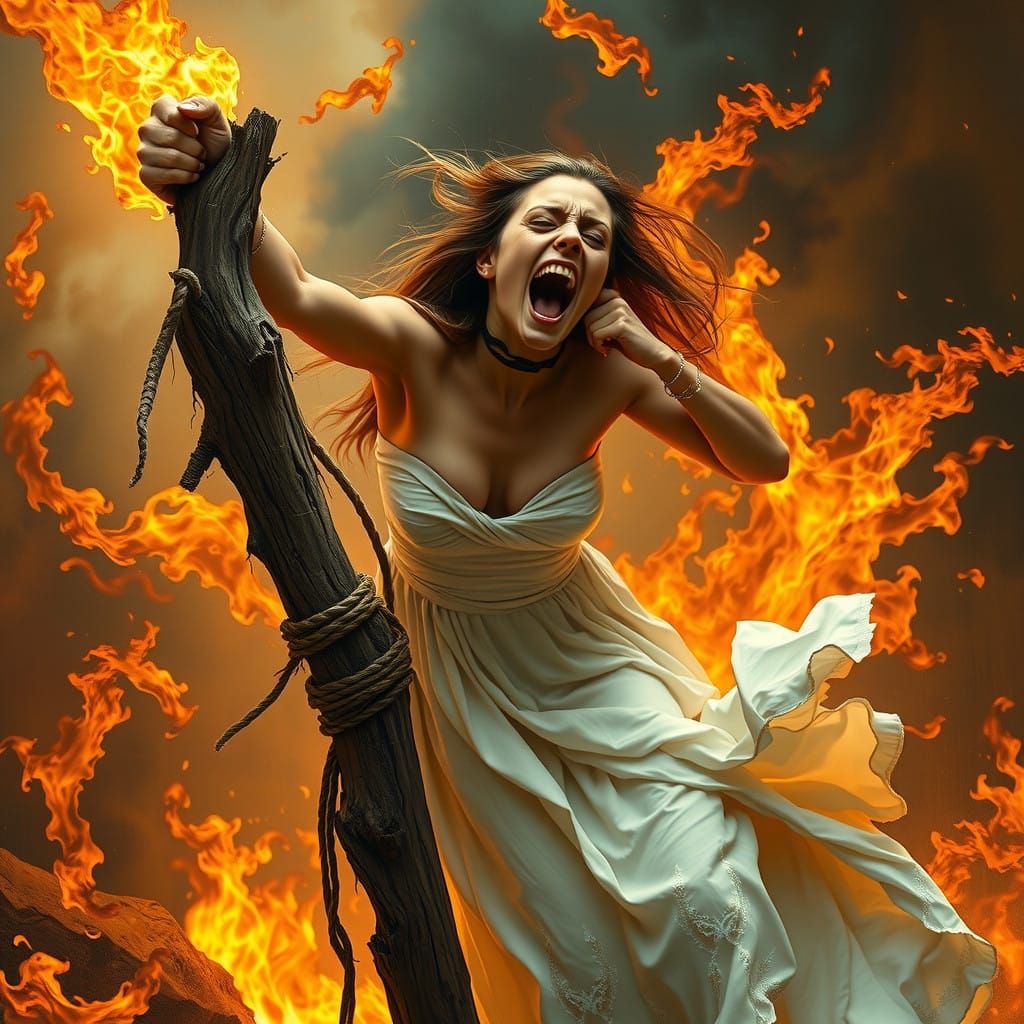 Screaming Witch Engulfed in a Burning Inferno as a Dark Fant...