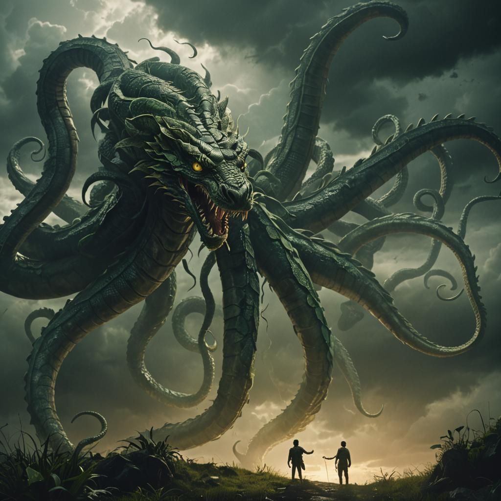 Ominous Three-Headed Serpent in Dark Skies