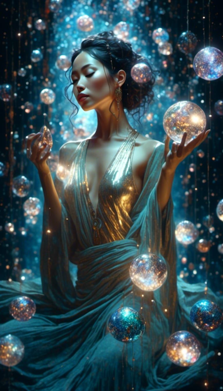 Meditating Woman in Galactic Space with Crystal Sphere