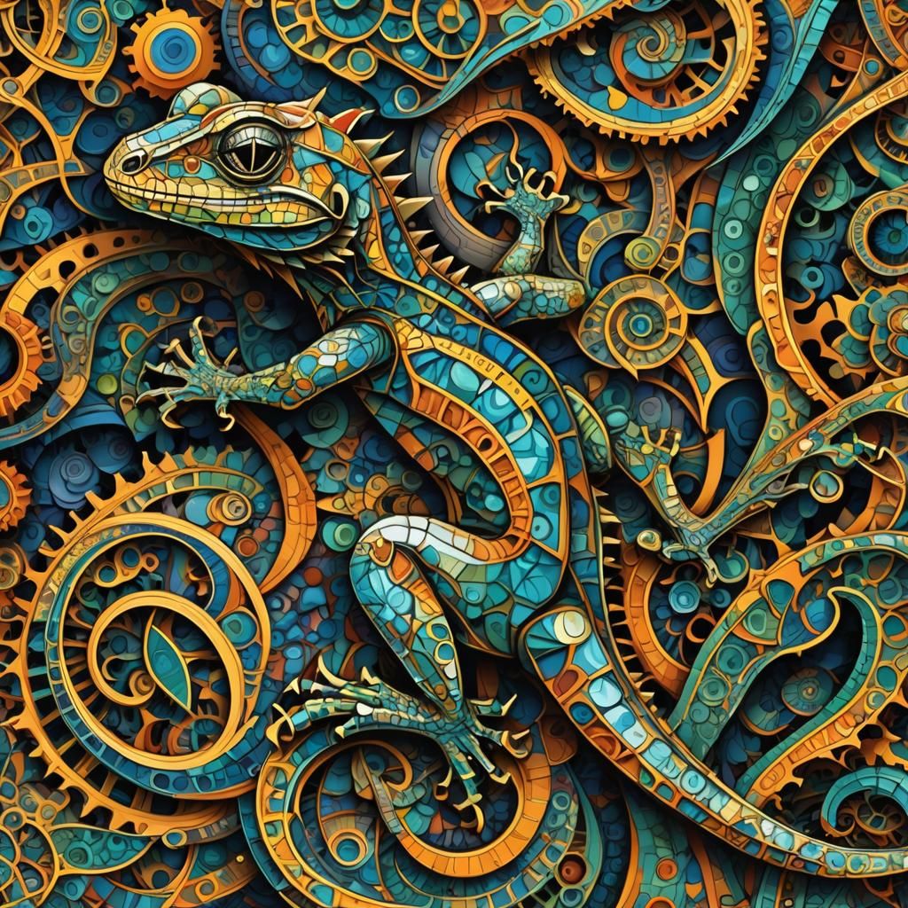 Abstract Fractal Lizard in Escher-Giger Style