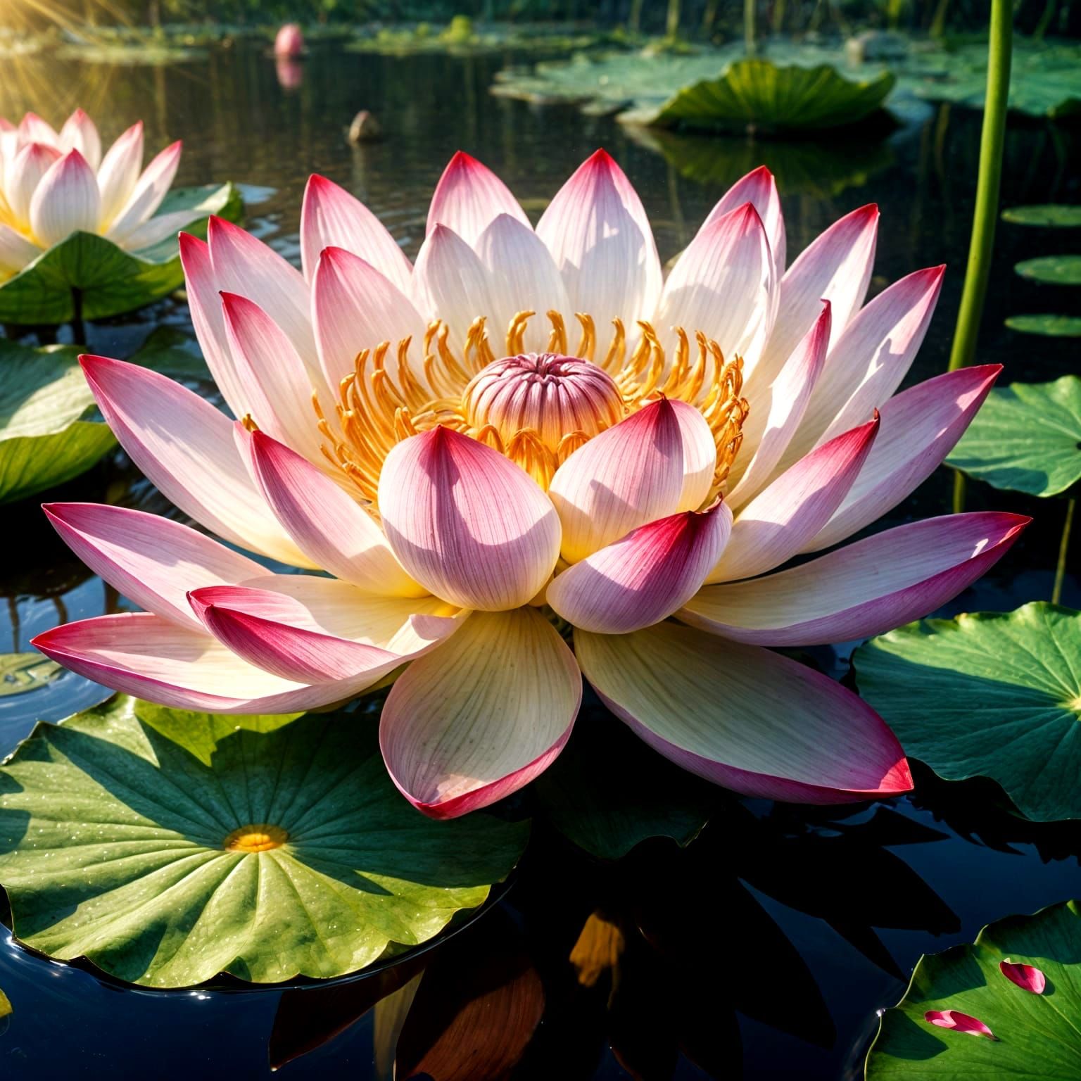 Vibrant Lotus Blooms in Golden Dawnlight