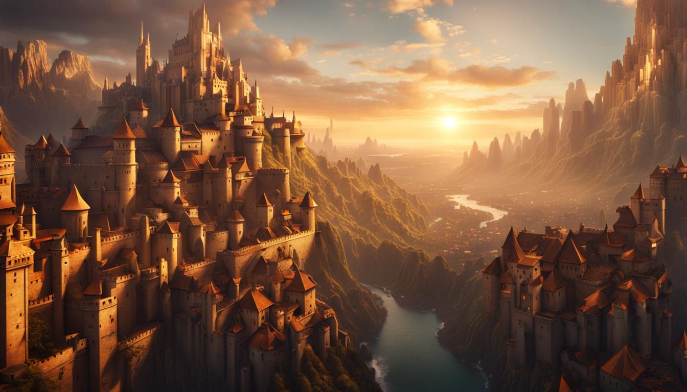Golden City in Fantasy Landscape, Matte Painting
