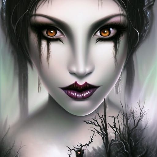 Gothic hex mage with jet black hair& White skin& Black eyes with smoky black eyeshadow& smoky black eyeliner& Black lips...