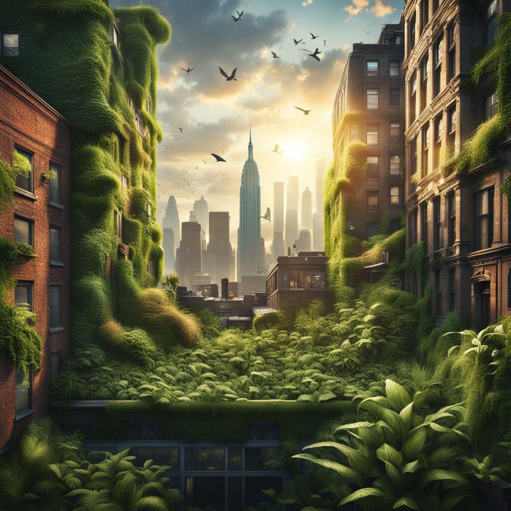 New York Skyline Overgrown with Plants: Digital Painting