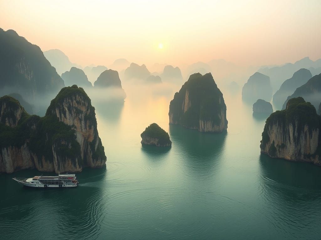 Ha Long Bay, Vietnam: Majestic Limestone Karsts Rise from Em...