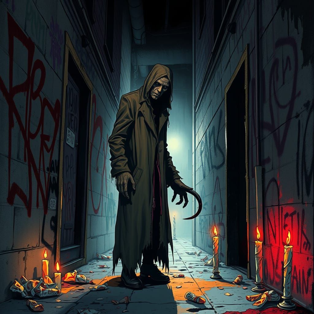 Haunted Figure in a Graffiti Alleyway in Comic Book Style