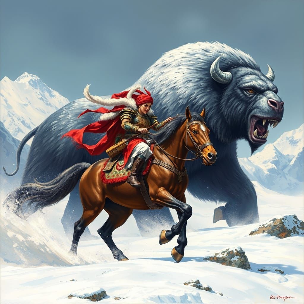 Mongol Warrior Confronts Giant White Bear in Snowy Landscape