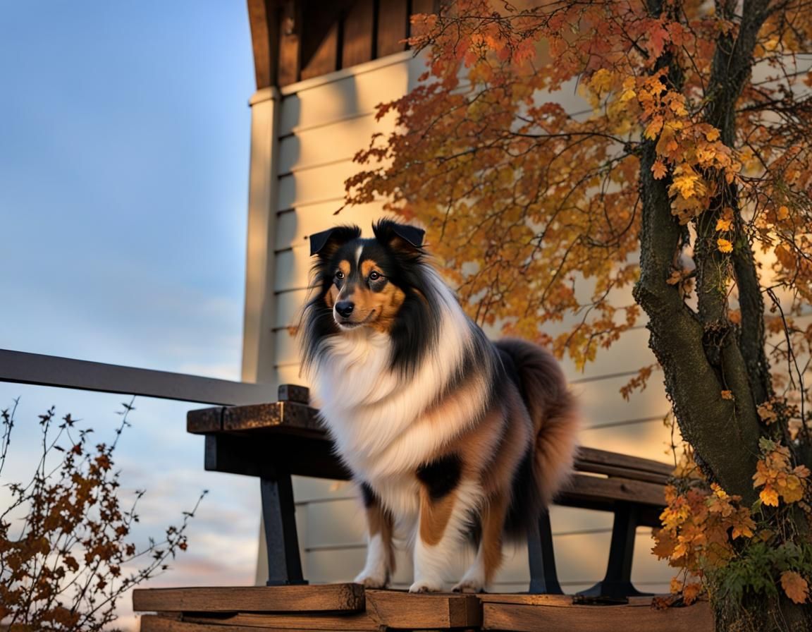 Shetland Sheepdog at Sunset in Autumn