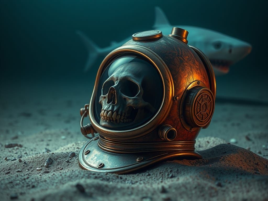 Copper Diver's Helmet and Skull Underwater