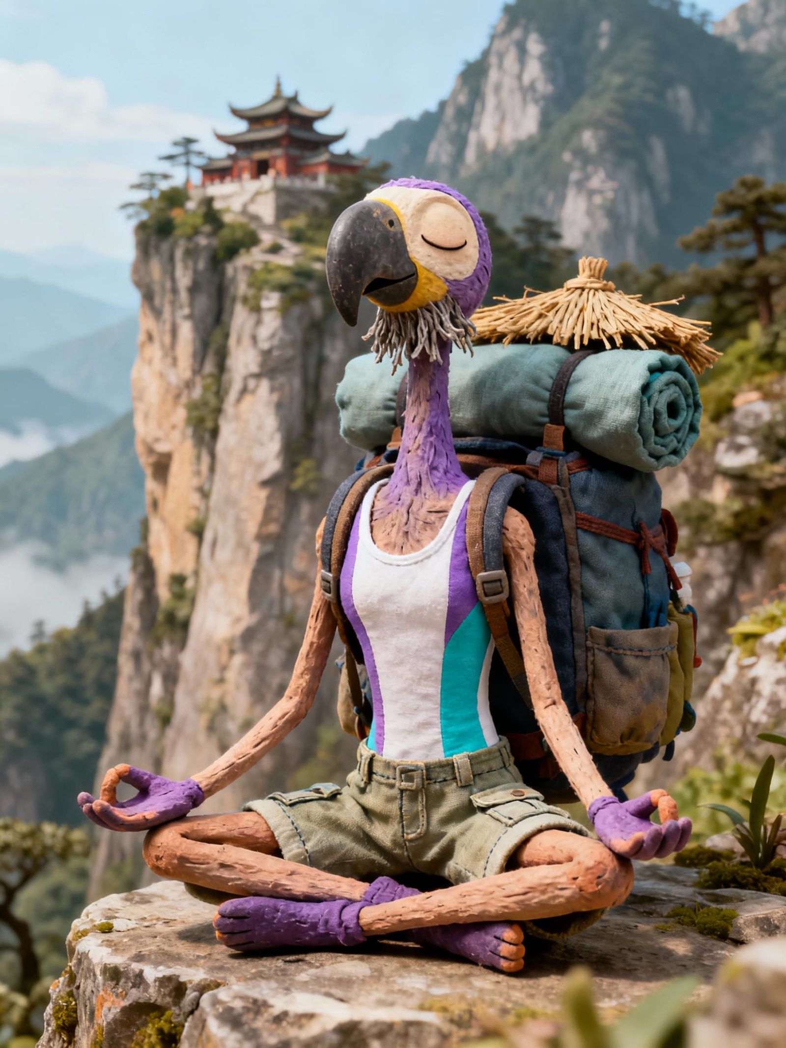 Cartoon Macaw in Lotus Pose, Zen Mountain Monastery