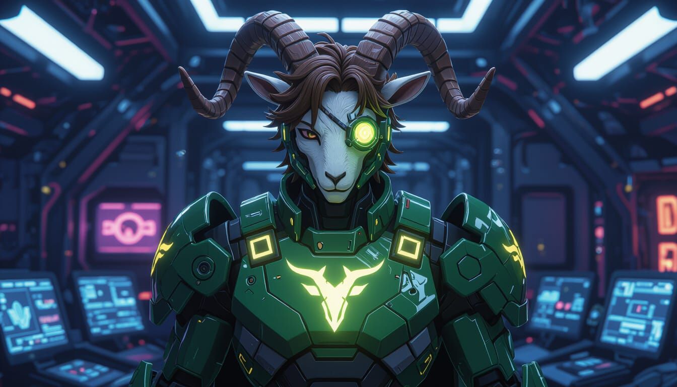 Cyberpunk Mecha-Capricorn Man in Battle Armor