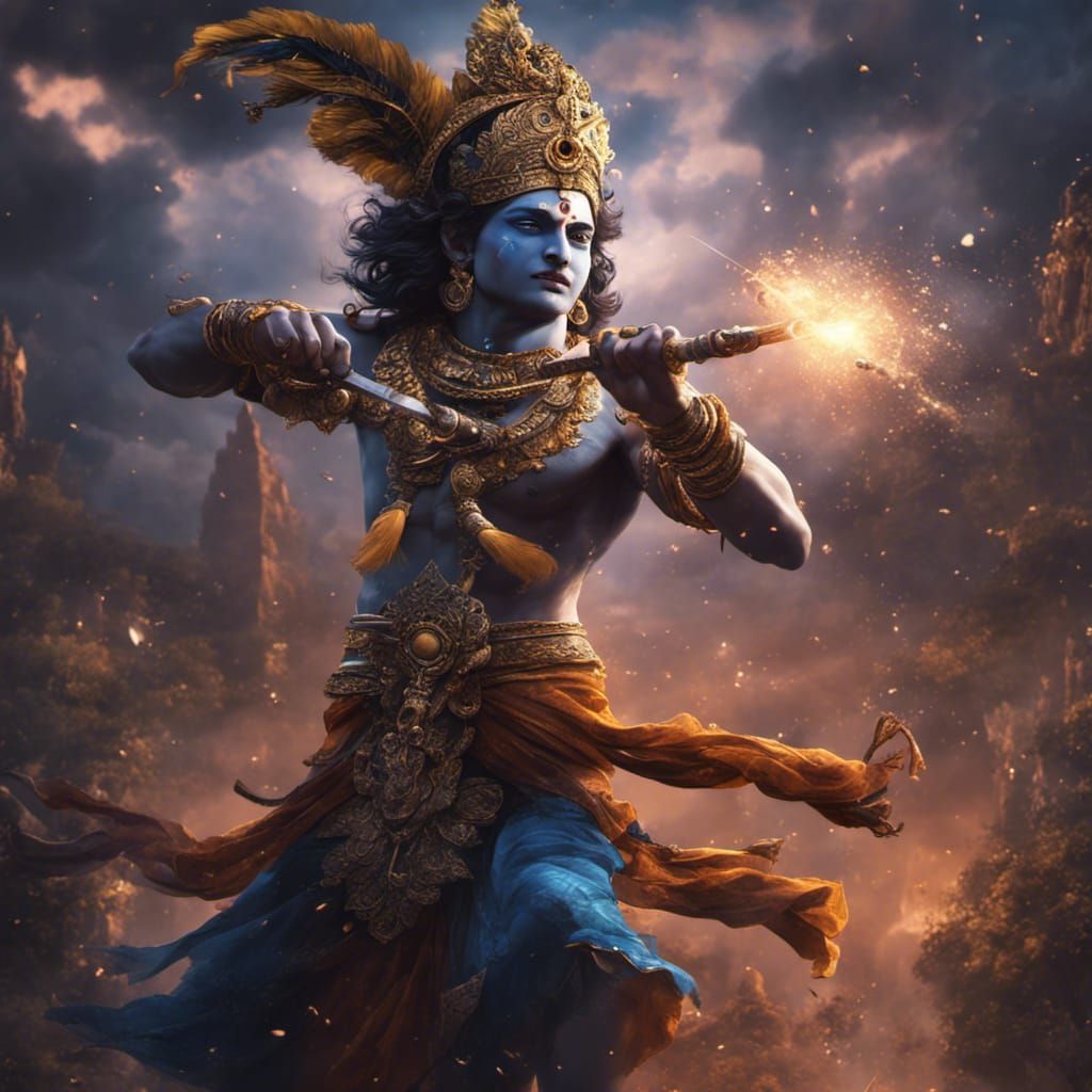 Lord Krishna Fighting: Detailed Matte Painting