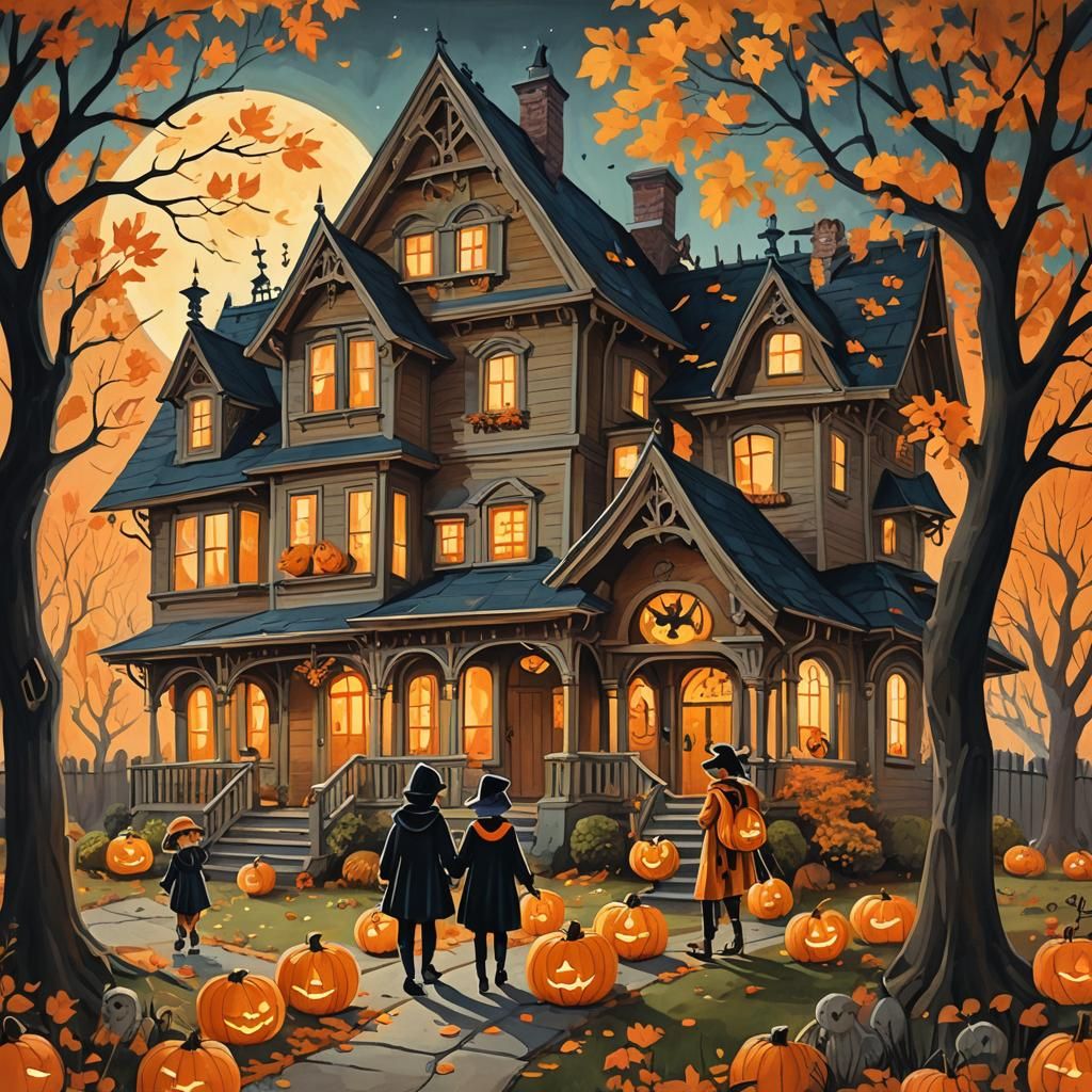 Halloween Trick-or-Treat: Gouache Painting of Spooky House