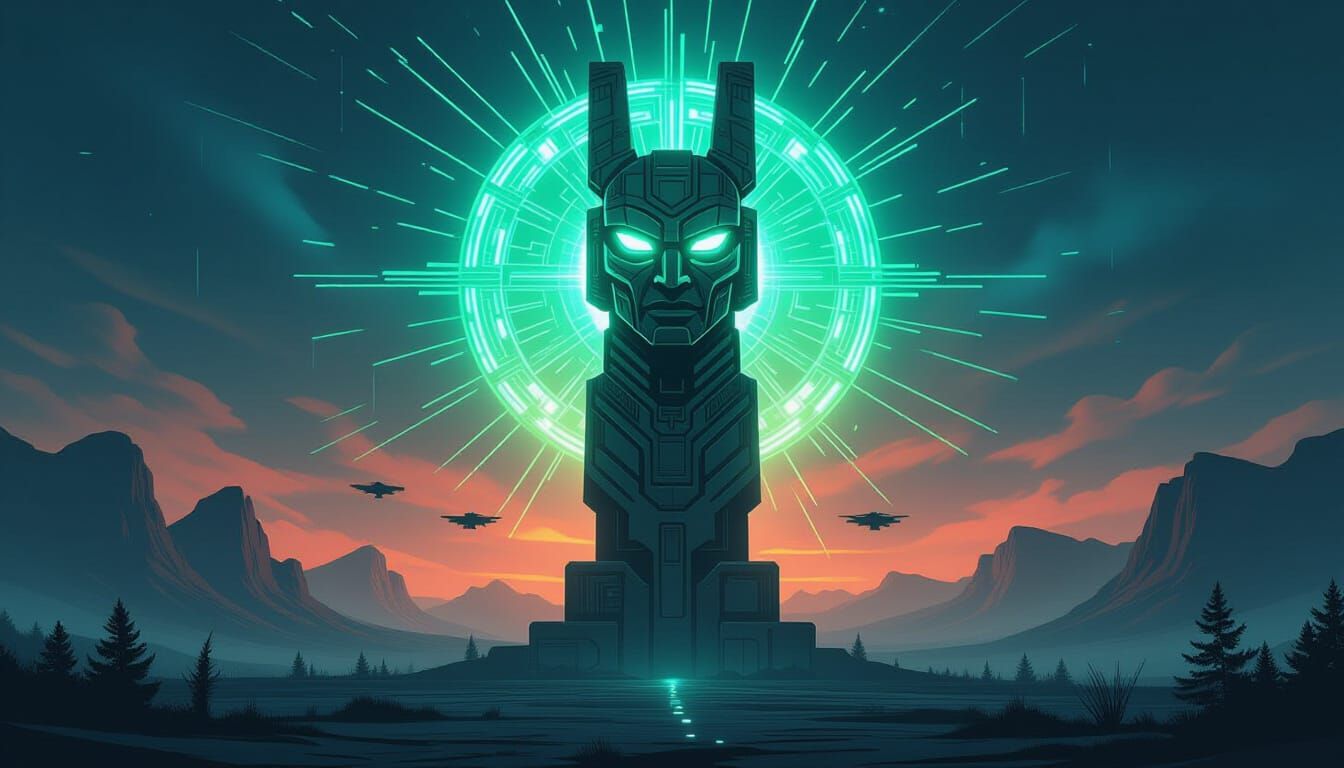 Futuristic Totem with Neon Glyphs in Cyberpunk Style