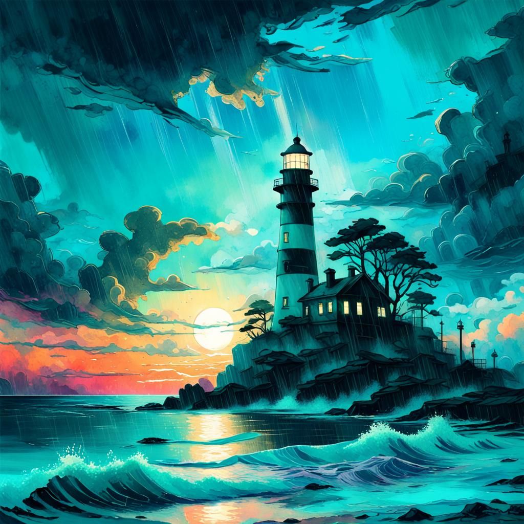 Cyan Sunset Lighthouse Seascape in Watercolour Style