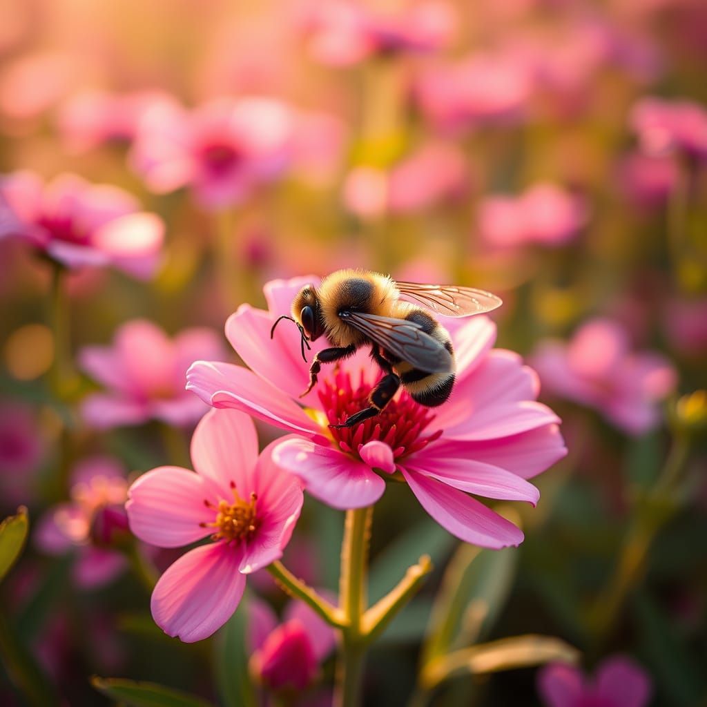 Bee Landing on Pink Flower in Golden Light
