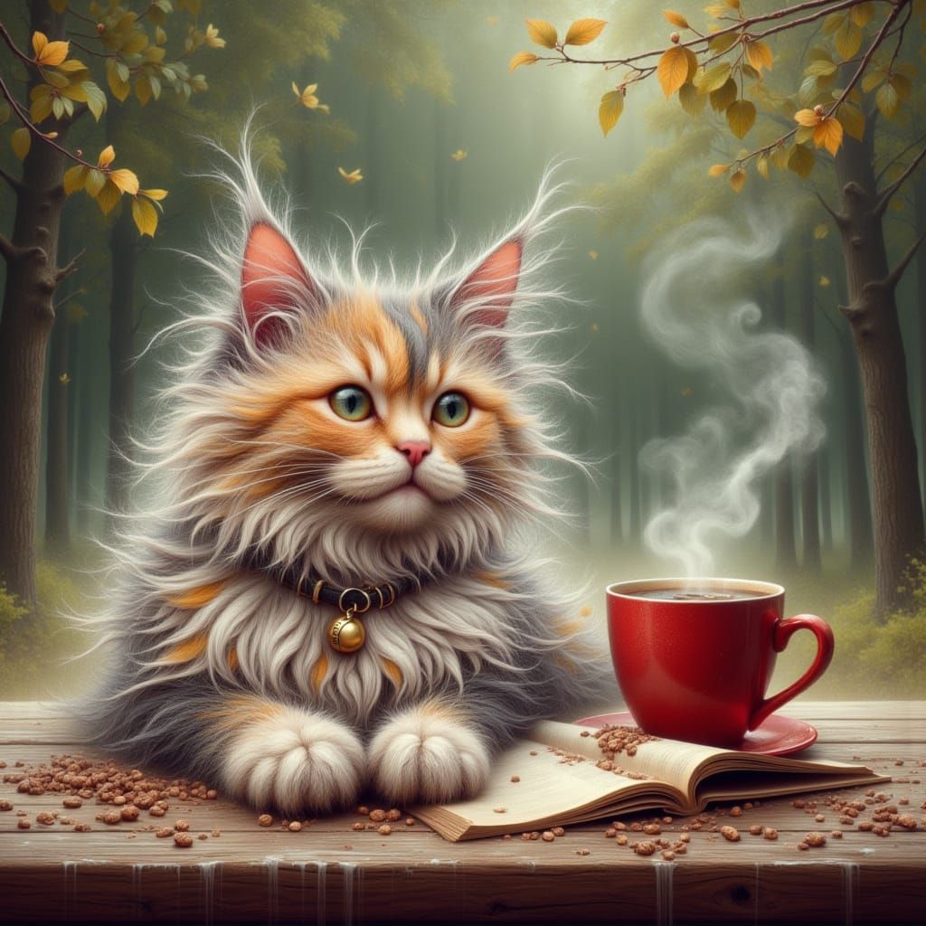 Calico Kitten and Coffee in Serene Outdoor Scene
