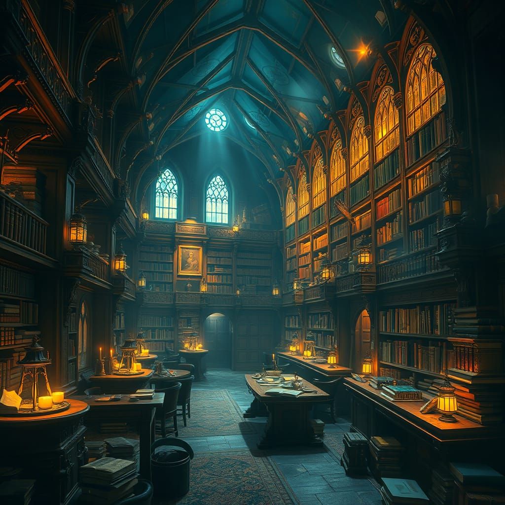 Enchanted Fantasy Library in Rich, Warm Details