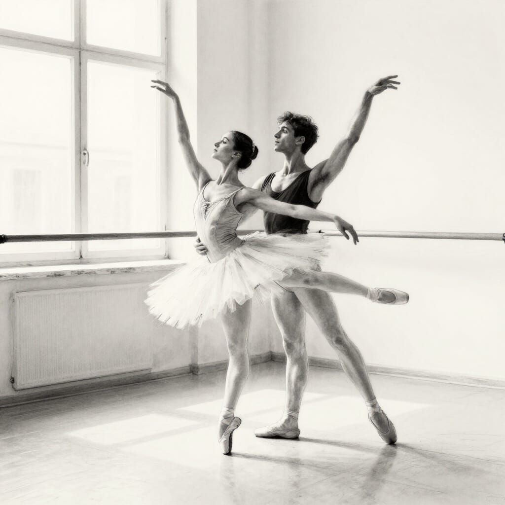 Expressionistic Ballerina Rehearsal in Sunlit Studio