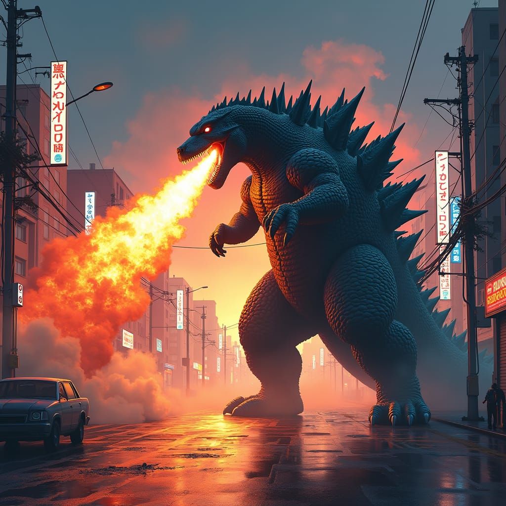 Godzilla Unleashes Fiery Breath in Dystopian Cityscape