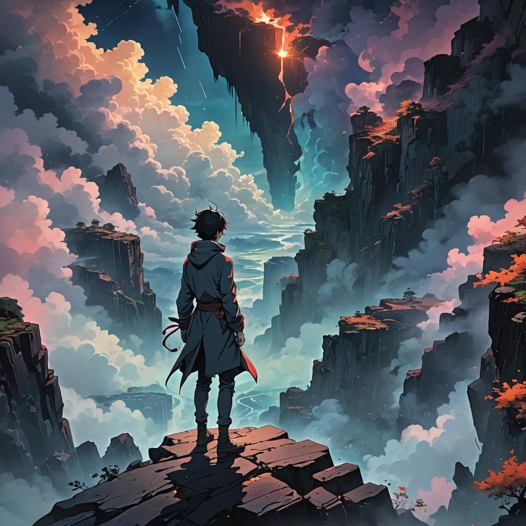 Anime Figure Gazing into Abyss in Cel-Shaded Style