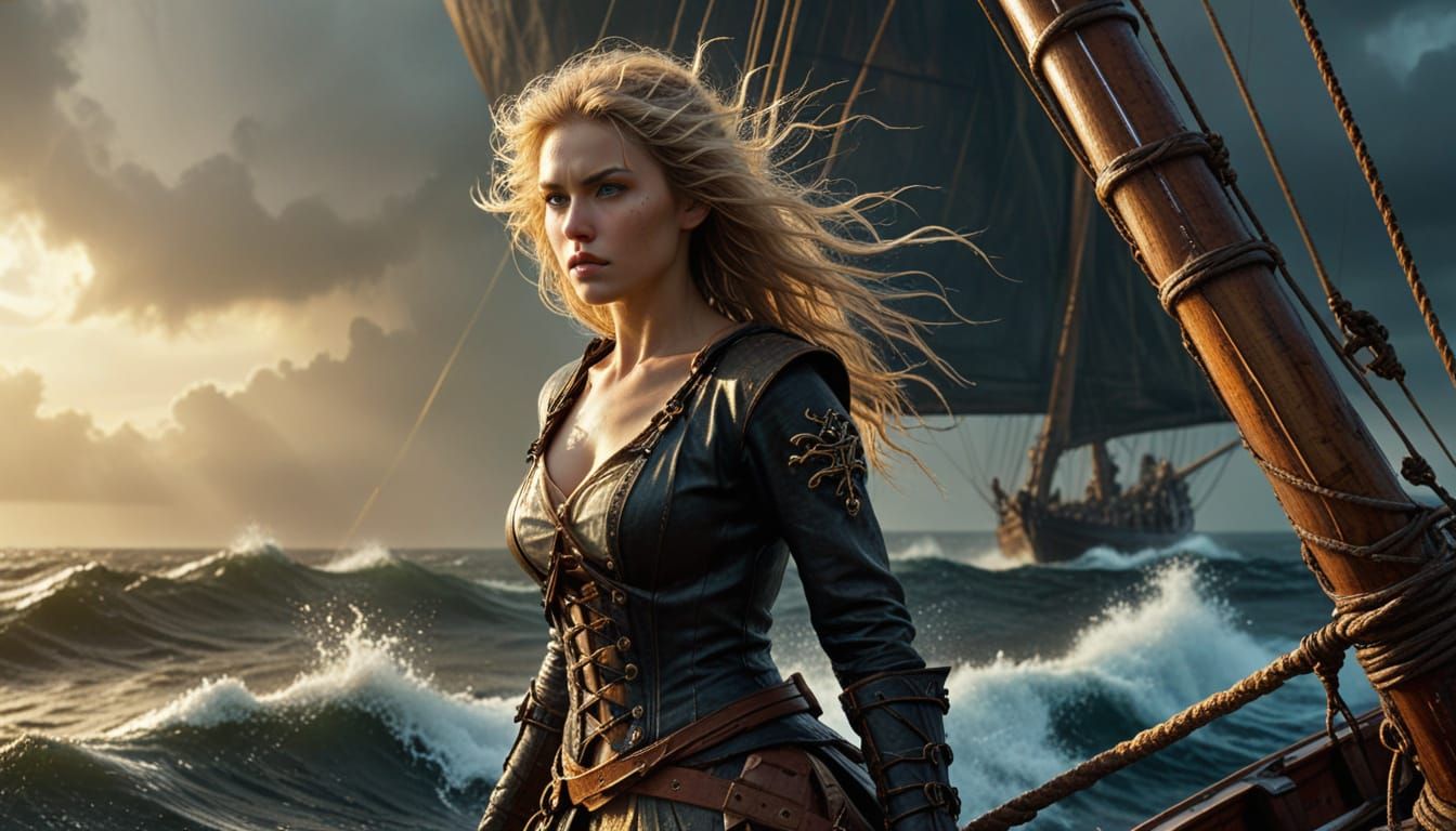 Steampunk Woman on Sailing Vessel in Stormy Sea