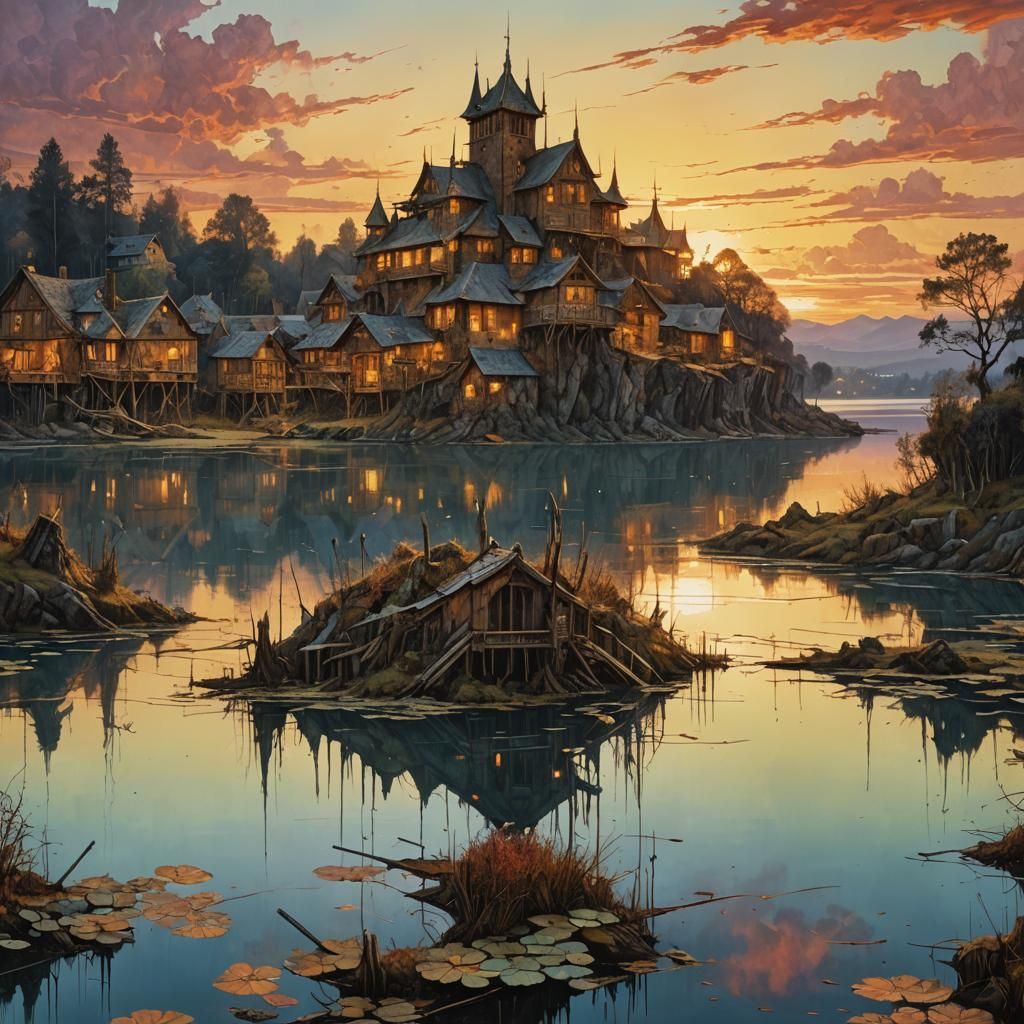 Serene Lake Village Sunset: Hyperrealistic Digital Painting