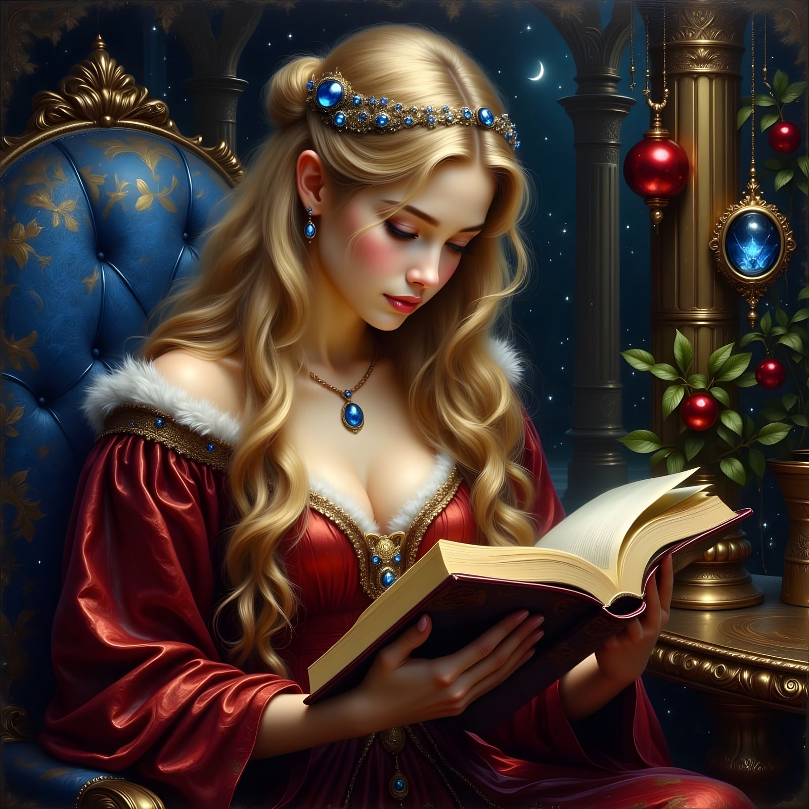Norse Goddess Reads in Enchanting Fairytale Setting
