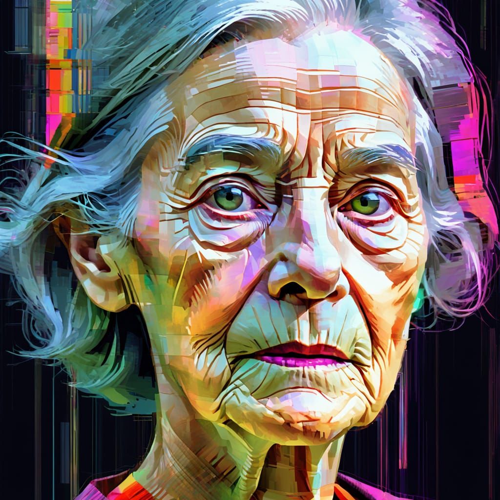 Elderly Woman's Glitched Portrait in Vibrant Neon Colors
