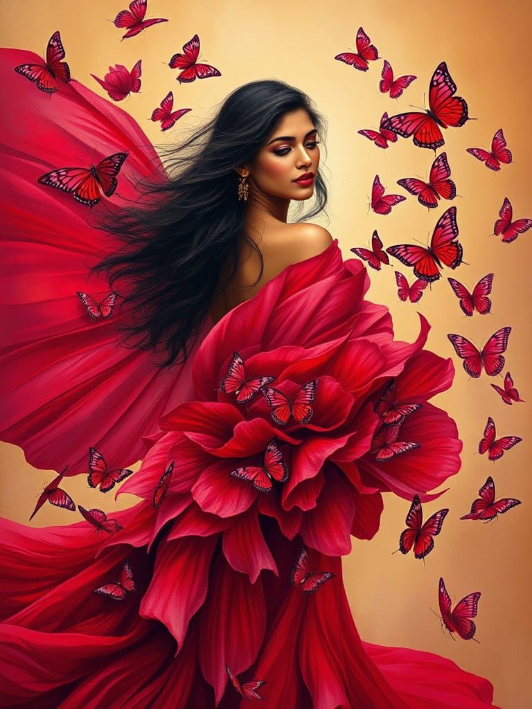 Lotus petals and butterflies weave her magic