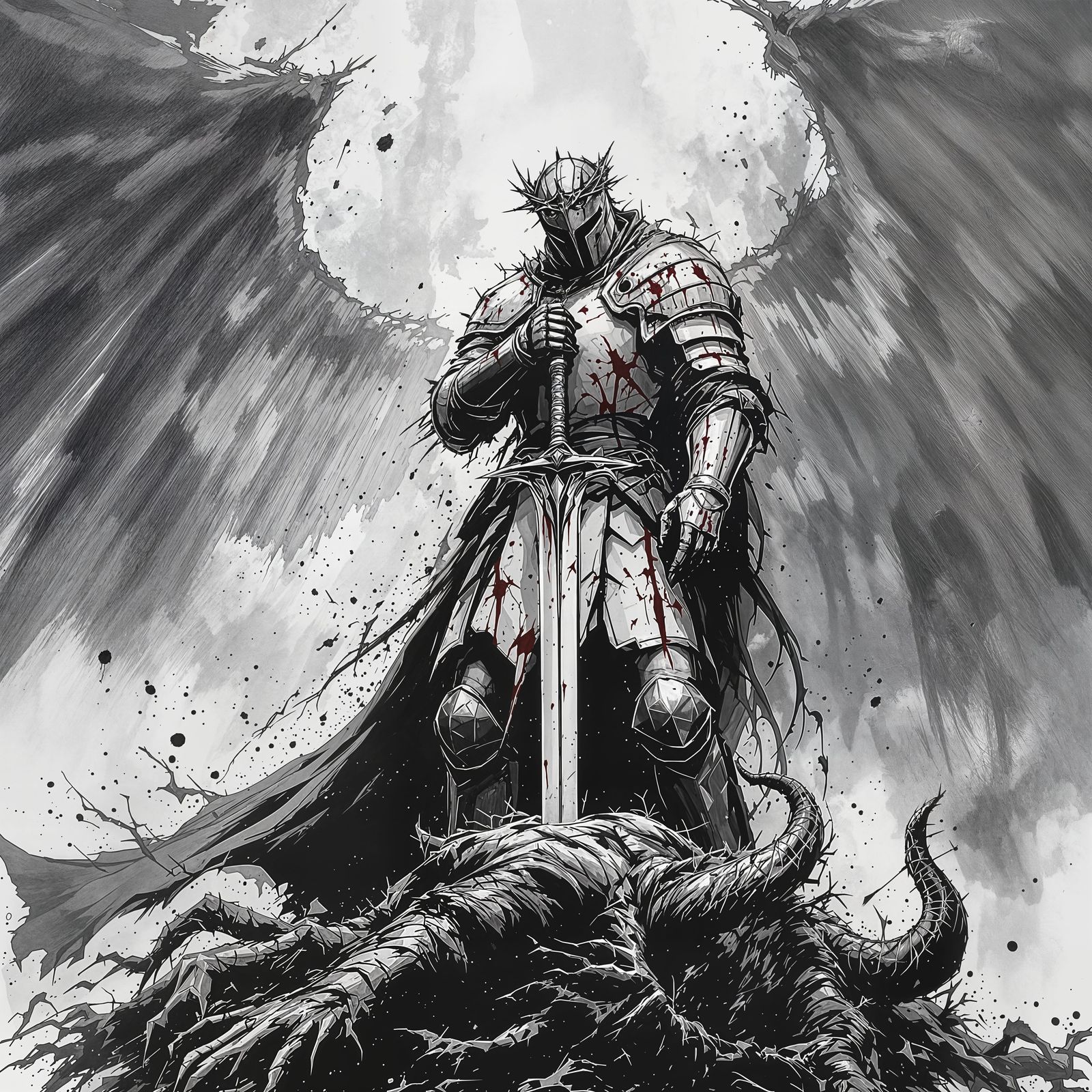 Dark Fantasy War Hero Stands Against Demon in Cyberpunk-Insp...