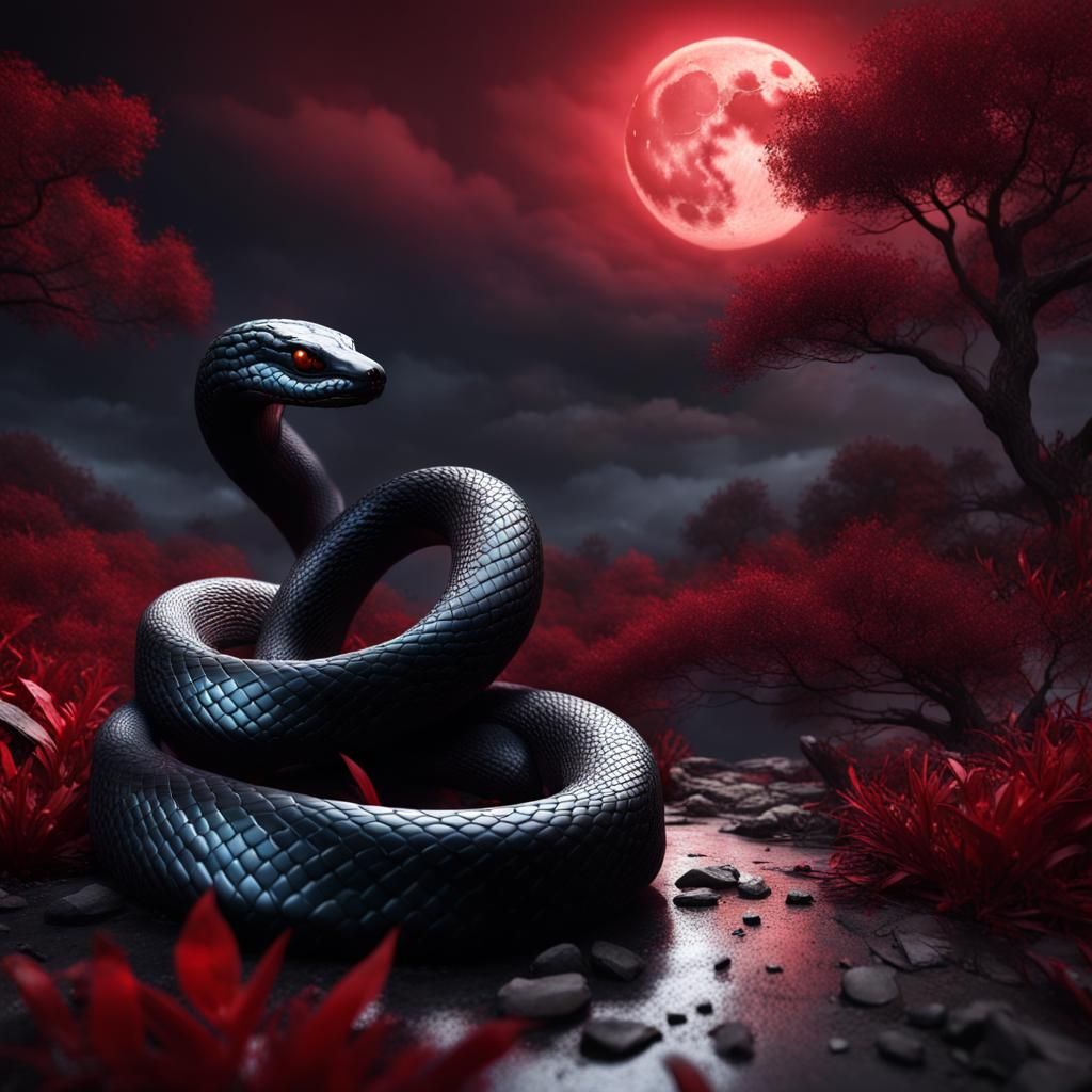Glittering Black Snake with Ruby Eyes in Dark Landscape