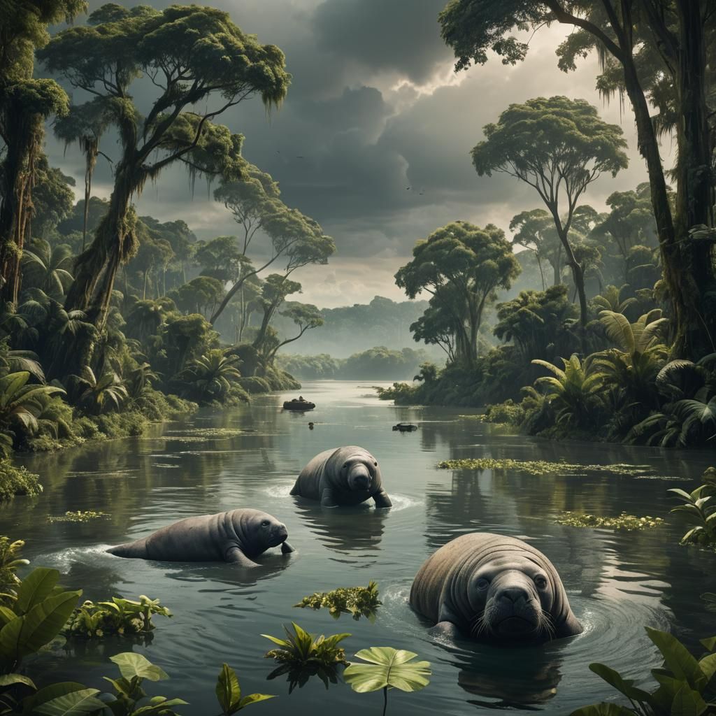 Manatee in Amazonian River: Digital Matte Painting