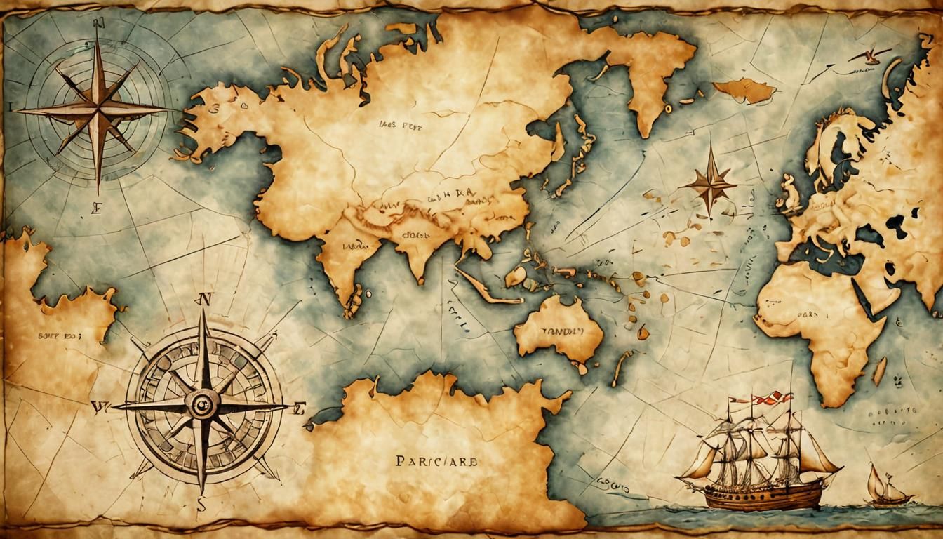 Classical Ships on a Hand-Drawn Parchment Map