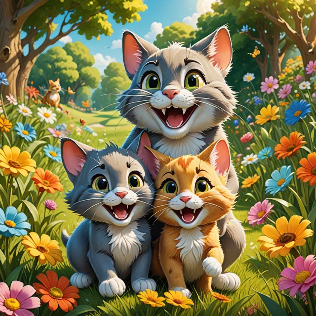 Vibrant Cartoon Garden Scene with Tom and Jerry