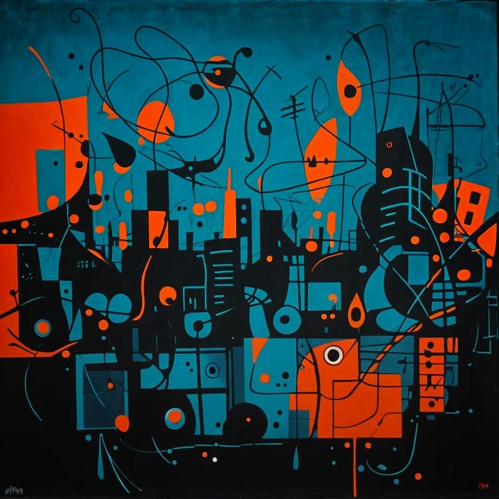 Miró-Inspired Abstract Cityscape with Indigenous Symbols