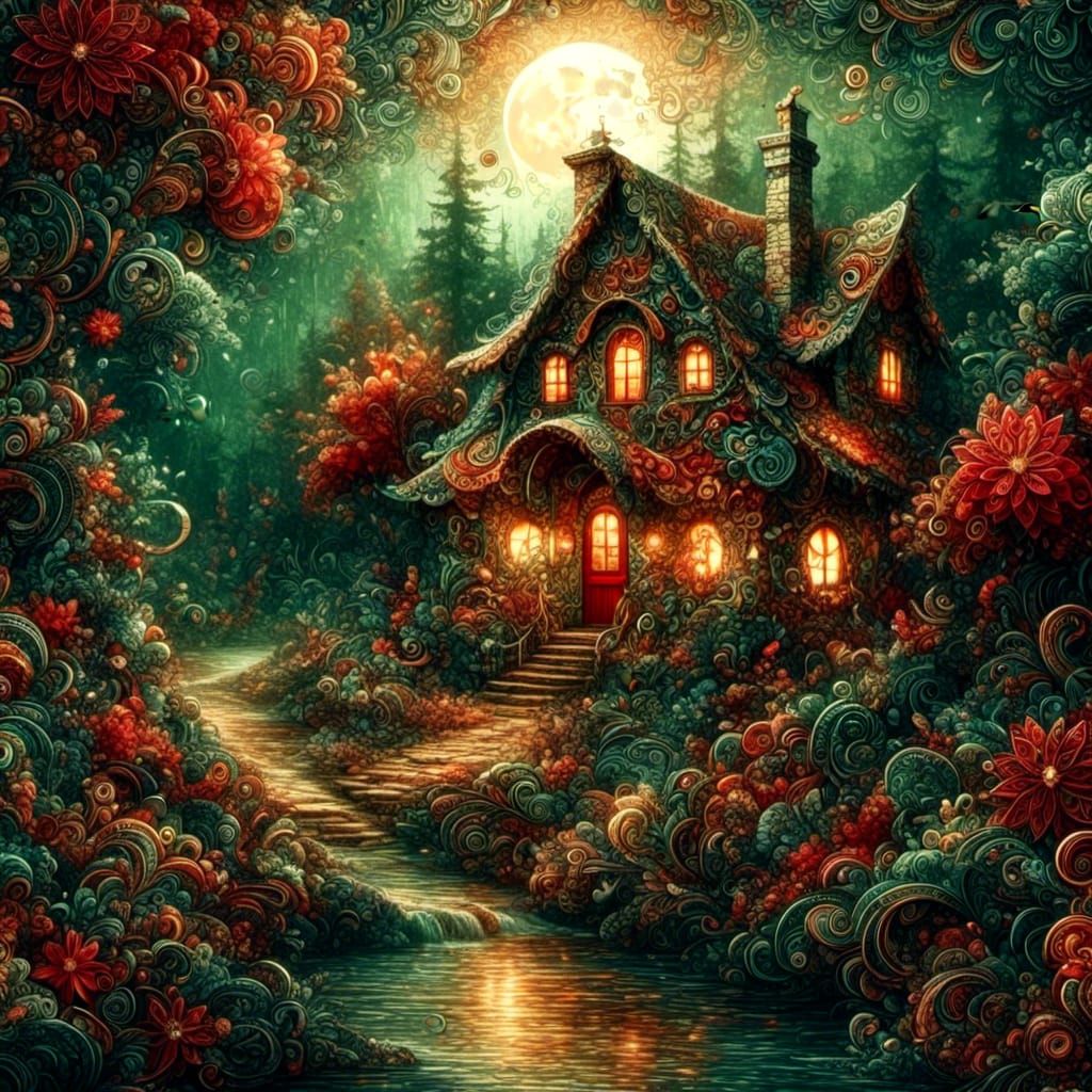 Surreal Cottage in Forest Landscape with Floral Shapes