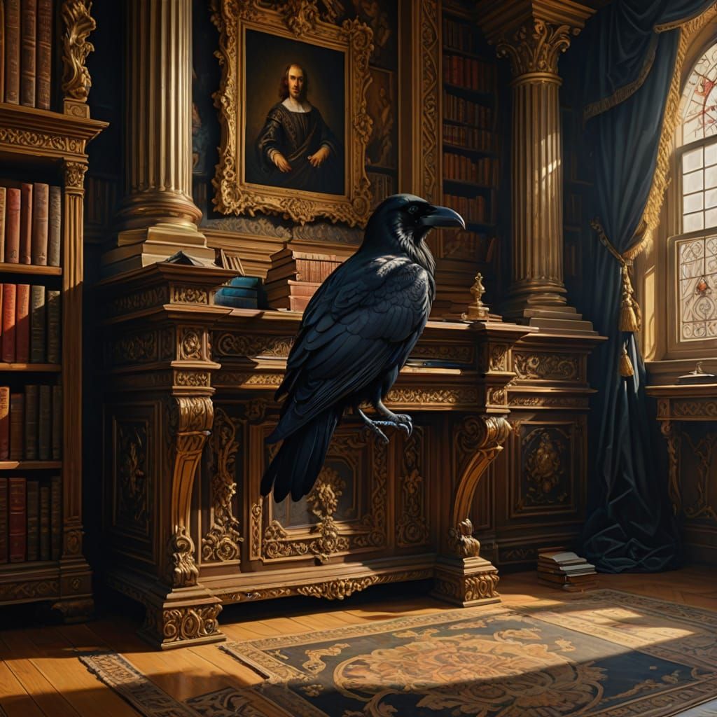 Grand Library Study of a Raven in Renaissance Style